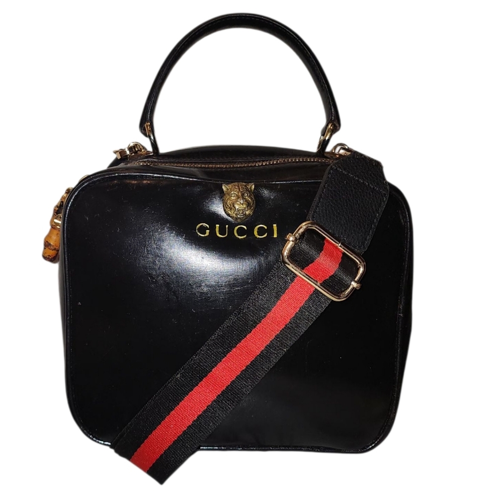 Gucci Black Patent Vanity Lunch Box Top Handle Bag  Crossbody Authentic 100%